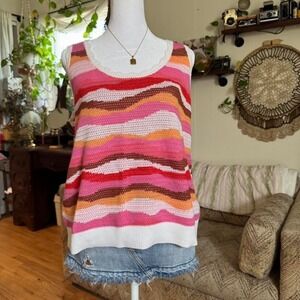 Loft Wavy Stripe Knit Sweater Vest Pink Orange Red Scallop Trim Large